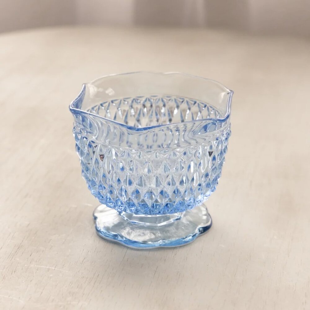 Vintage Small Blue Glass Footed Bowl with Diamond Point Designs